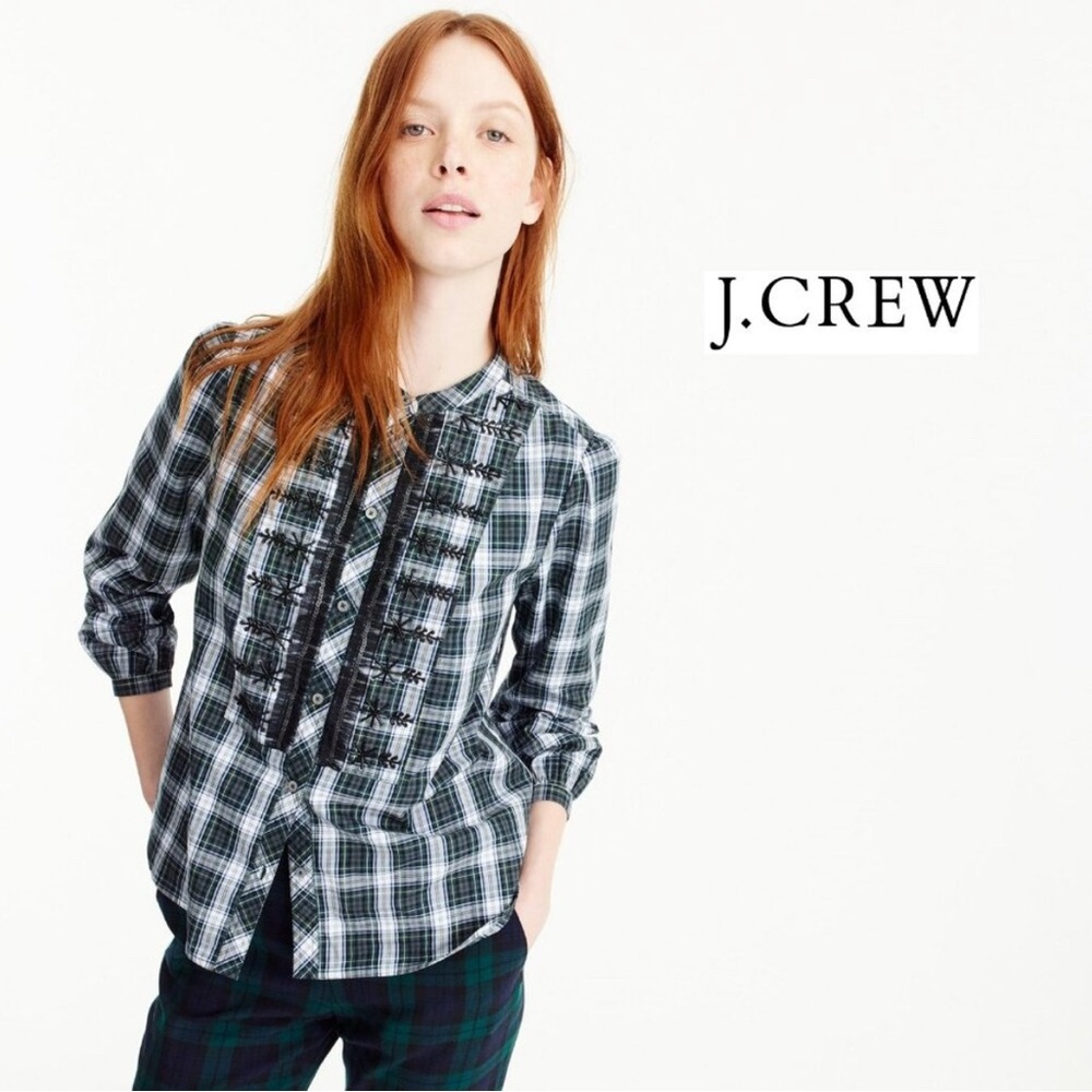 J.Crew Forest Tartan Beaded Plaid Blouse NWOT